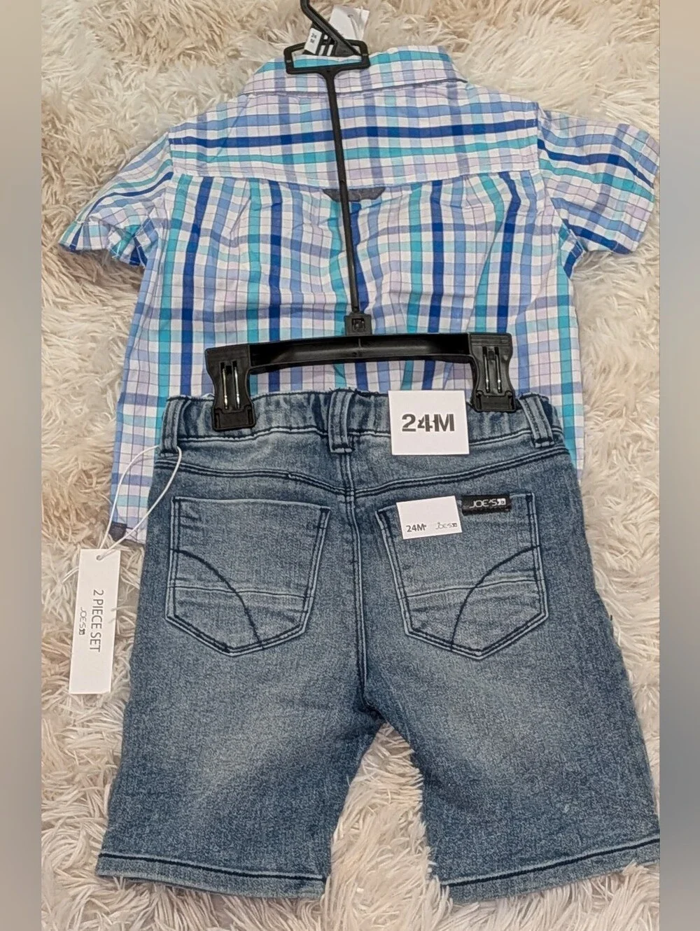 NWT,2pc, Drawstring Denim Shorts W/Aqua Blue Plaid, Button-up Collared Shirt-24m